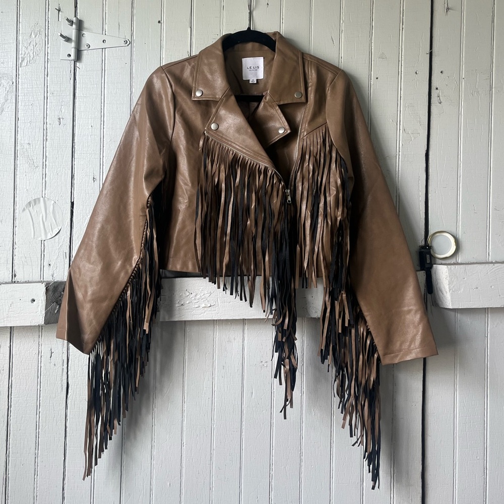 coast to coast vegan leather fringe moto jacket by dressed in lala